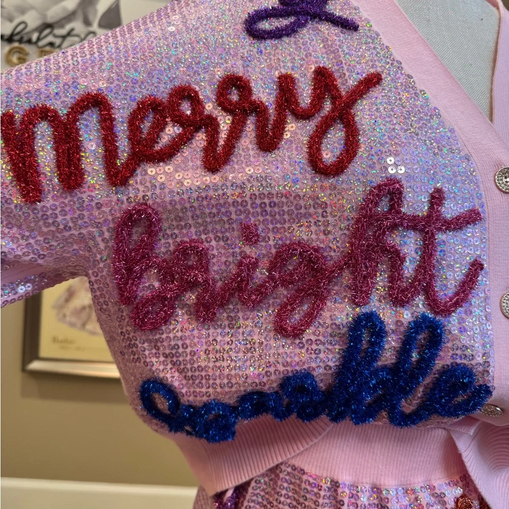 New! QUEEN OF SPARKLES Set! Pink Sequin Holiday Words Cardigan & Skirt Set - Picture 6 of 14